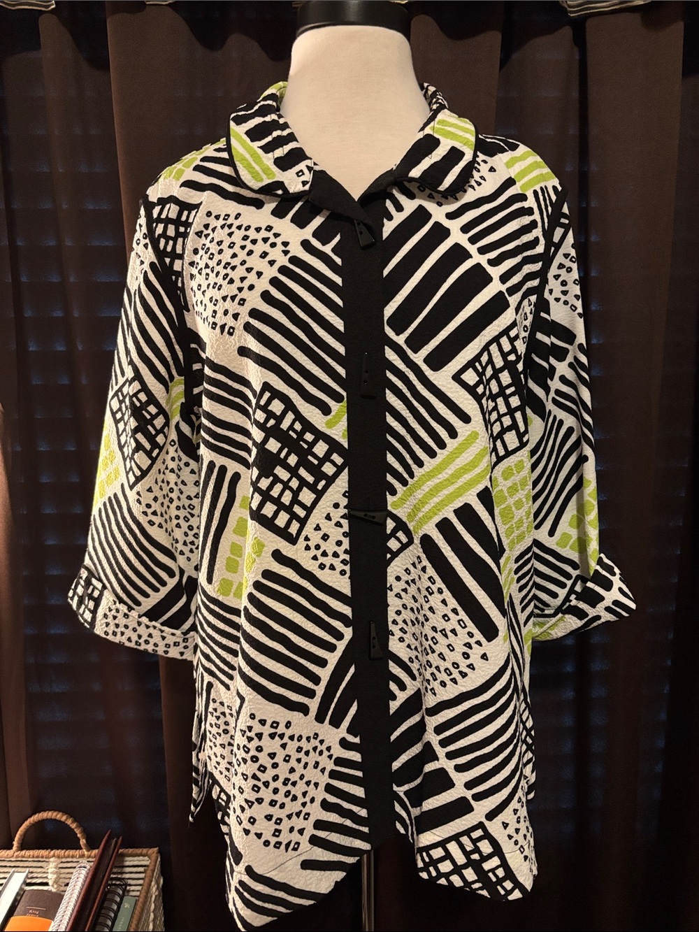 Ali Miles Black & White Geometric Tunic with Lime Accents